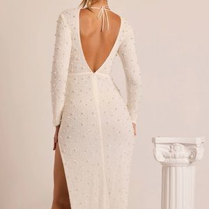 Oh Polly VIENNA Embellished Long Sleeve Backless Maxi Dress in White
